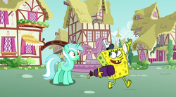 Size: 1205x663 | Tagged: safe, lyra heartstrings, pony, g4, bag, confused, crossover, duo, exhibitionism, hat, holding, how do you do, huh, nudity, public nudity, spongebob squarepants, waving