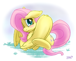 Size: 2000x1600 | Tagged: safe, artist:skoon, fluttershy, pony, g4, blushing, cute, hair over one eye, looking at you, shyabetes, simple background, smiling, solo, spread wings, underhoof, white background, wings
