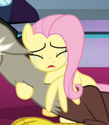 Size: 489x562 | Tagged: safe, screencap, discord, fluttershy, g4, the beginning of the end, cropped, crying, duo, hug, offscreen character