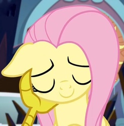 Size: 726x740 | Tagged: safe, screencap, discord, fluttershy, g4, the beginning of the end, cropped, eyes closed, floppy ears, offscreen character, shipping fuel, solo focus