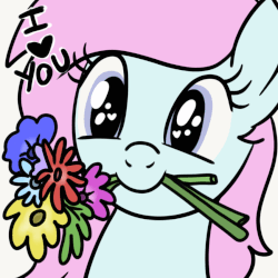 Size: 849x849 | Tagged: safe, artist:lannielona, pony, advertisement, animated, commission, eye shimmer, flower, flower in mouth, gif, heart eyes, i love you, mouth hold, simple, simple background, smiling, solo, white background, wingding eyes, your character here