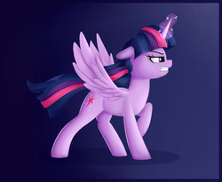 Size: 2640x2160 | Tagged: safe, artist:andelai, twilight sparkle, alicorn, pony, g4, angry, female, gradient background, high res, horn, lineless, magic, simple background, solo, twilight sparkle (alicorn), wings