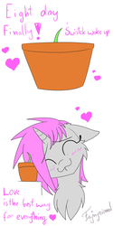 Size: 3000x6000 | Tagged: safe, artist:fajnyziomal, oc, oc only, oc:purple light, pony, unicorn, comic:świstek, blushing, cheek fluff, chest fluff, comic, cute, eyes closed, female, floating heart, floppy ears, flower pot, heart, love, mare, smiling, solo, sprout, sprouting