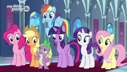 Size: 1920x1080 | Tagged: safe, screencap, applejack, fluttershy, pinkie pie, rainbow dash, rarity, spike, twilight sparkle, alicorn, dragon, earth pony, pegasus, pony, unicorn, g4, the beginning of the end, female, male, mane seven, mane six, mare, twilight sparkle (alicorn), winged spike, wings