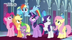 Size: 1920x1080 | Tagged: safe, screencap, applejack, fluttershy, pinkie pie, rainbow dash, rarity, spike, twilight sparkle, alicorn, dragon, earth pony, pegasus, pony, unicorn, g4, the beginning of the end, female, male, mane seven, mane six, mare, twilight sparkle (alicorn), winged spike, wings