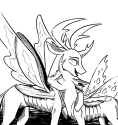 Size: 1134x1200 | Tagged: safe, artist:28gooddays, thorax, oc, oc:vertexthechangeling, changedling, changeling, g4, black and white, changeling king, duo, eyes closed, fanfic art, grayscale, hug, king thorax, male, monochrome, quadrupedal, simple background, white background