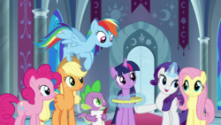 Size: 1920x1080 | Tagged: safe, screencap, applejack, fluttershy, pinkie pie, rainbow dash, rarity, spike, twilight sparkle, alicorn, dragon, pony, g4, the beginning of the end, canterlot throne room, female, male, mane seven, mane six, mare, twilight sparkle (alicorn), winged spike, wings