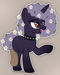 Size: 799x992 | Tagged: safe, artist:bluedinoadopts, oc, oc only, oc:night flowers, bat pony, pony, unicorn, vampire, afro, amputee, blank flank, brown background, choker, eyeshadow, fangs, female, flower, flower in hair, freckles, leaf, leaves, makeup, mare, open mouth, prosthetic limb, prosthetics, raised hoof, scar, simple background, solo, wood