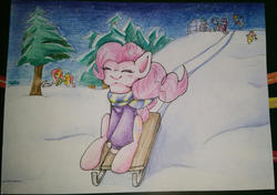 Size: 1024x720 | Tagged: safe, artist:sadonax, angel bunny, applejack, fluttershy, pinkie pie, rainbow dash, rarity, twilight sparkle, alicorn, pony, g4, clothes, hoodie, igloo, mane six, pencil drawing, scarf, sled, sledding, snow, sweater, traditional art, twilight sparkle (alicorn), winter