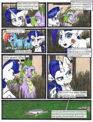 Size: 1950x2550 | Tagged: safe, artist:tillie-tmb, rainbow dash, rarity, spike, pony, comic:the amulet of shades, g4, comic, food, older, older spike, pie, traditional art