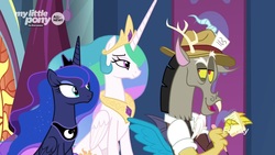 Size: 1920x1080 | Tagged: safe, screencap, discord, princess celestia, princess luna, draconequus, pony, g4, the beginning of the end, ethereal mane, female, hat, male, mare, raised eyebrow, reporter, royal sisters, sisters, starry mane, trio