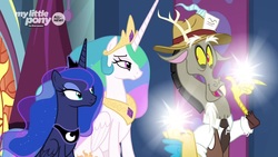 Size: 1920x1080 | Tagged: safe, screencap, discord, princess celestia, princess luna, alicorn, draconequus, pony, g4, the beginning of the end, amused, canterlot castle, clothes, ethereal mane, excited, female, finger snap, hat, lidded eyes, light, looking up, loser, magic, male, mare, royal sisters, sisters, stained glass, starry mane, throne room, trio