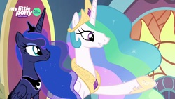 Size: 1920x1080 | Tagged: safe, screencap, princess celestia, princess luna, pony, g4, the beginning of the end, duo, ethereal mane, female, mare, raised hoof, royal sisters, sisters, starry mane