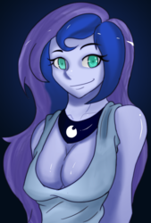 Size: 2532x3747 | Tagged: safe, artist:chaosknight, princess luna, vice principal luna, equestria girls, g4, absolute cleavage, breasts, busty princess luna, cleavage, dark background, female, high res, solo
