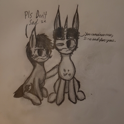 Size: 2977x2977 | Tagged: safe, artist:antique1899, oc, oc only, oc:binky, oc:ragtime melody, hybrid, pony, zony, chest fluff, good friend, high res, love and tolerance, monochrome, pencil drawing, sad, support, teary eyes, traditional art