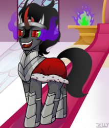 Size: 1700x2000 | Tagged: safe, artist:jellysketch, king sombra, pony, unicorn, g4, colored pupils, curved horn, fire, horn, male, open mouth, solo, sombra eyes