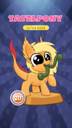 Size: 1440x2560 | Tagged: safe, artist:stewart501st, part of a set, applejack, monster pony, original species, tatzlpony, miss pie's monsters, g4, abstract background, cute, ear fluff, fake, female, jackabetes, looking at you, multiple tongues, no iris, open mouth, pocket ponies, raised hoof, smiling, solo, species swap, sunburst background, tatzljack, tongue out