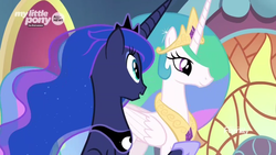 Size: 1366x768 | Tagged: safe, screencap, princess celestia, princess luna, pony, g4, the beginning of the end, throne room