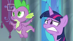 Size: 1366x768 | Tagged: safe, screencap, spike, twilight sparkle, alicorn, dragon, pony, g4, the beginning of the end, claws, faic, flying, throne room, tv rating, tv-y, twilight sparkle (alicorn), winged spike, wings, worried