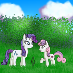 Size: 2048x2048 | Tagged: safe, artist:platinumdrop, rarity, sweetie belle, pony, g4, bush, cloud, female, flower, grass, high res, sisters
