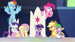 Size: 1920x1080 | Tagged: safe, screencap, applejack, fluttershy, pinkie pie, rainbow dash, rarity, spike, twilight sparkle, alicorn, dragon, pony, g4, the beginning of the end, chair, crossed arms, female, floppy ears, looking up, mane seven, mane six, mare, raised eyebrow, table, thinking, twilight sparkle (alicorn), winged spike, wings