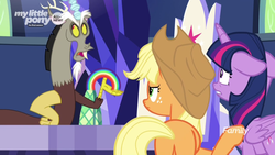 Size: 1366x768 | Tagged: safe, screencap, applejack, discord, twilight sparkle, alicorn, pony, g4, the beginning of the end, discovery family logo, floppy ears, friendship throne, rainbow, table, throne, throne room, twilight sparkle (alicorn)