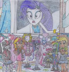 Size: 1710x1780 | Tagged: safe, artist:nephilim rider, applejack, fluttershy, pinkie pie, rainbow dash, rarity, sci-twi, spike, spike the regular dog, sunset shimmer, twilight sparkle, oc, oc:heaven lost, dog, equestria girls, fomo, g4, my little pony equestria girls: better together, converse, scene interpretation, shoes, traditional art