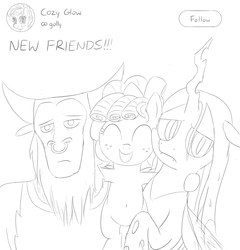 Size: 1200x1250 | Tagged: safe, artist:unsavorydom, cozy glow, lord tirek, queen chrysalis, centaur, changeling, changeling queen, pegasus, pony, g4, the beginning of the end, belly button, cozybetes, cute, eyes closed, female, filly, follow, frown, grin, group hug, hug, legion of doom, lidded eyes, lineart, looking at you, monochrome, no pupils, raised hoof, sad, side hug, slit pupils, smiling, social media, squee, text, twitter, unamused