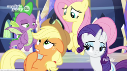 Size: 1366x768 | Tagged: safe, screencap, applejack, fluttershy, rarity, spike, dragon, g4, the beginning of the end, table, throne room, winged spike, wings