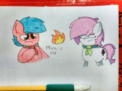 Size: 1600x1200 | Tagged: safe, artist:thebadbadger, oc, oc:lilac, oc:phire demon, pony, simple background, traditional art, white background