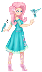 Size: 2114x3644 | Tagged: safe, alternate version, artist:nin10ja, fluttershy, bird, equestria girls, g4, blushing, clothes, cute, dress, female, hairpin, high res, smiling