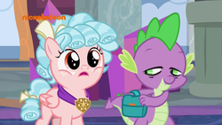 Size: 1280x720 | Tagged: safe, screencap, cozy glow, spike, dragon, pegasus, pony, g4, school raze, backpack, cozy glow is best facemaker, duo, faic, female, filly, open mouth