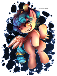 Size: 1317x1772 | Tagged: safe, artist:rocioam7, cozy glow, pegasus, pony, g4, school raze, abstract background, ear fluff, female, filly, freckles, open mouth, pure concentrated unfiltered evil of the utmost potency, solo, spread wings, wingding eyes, wings