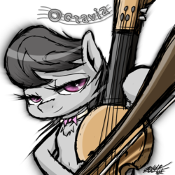 Size: 1280x1280 | Tagged: safe, artist:phoenixrk49, octavia melody, earth pony, pony, g4, bow (instrument), bowtie, cello, cello bow, chest fluff, female, lidded eyes, mare, musical instrument, signature, simple background, solo, white background