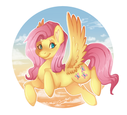 Size: 1449x1309 | Tagged: safe, artist:jannemoore, fluttershy, pegasus, pony, g4, beanbrows, chest fluff, cloud, colored pupils, cute, ear fluff, eyebrows, female, flying, leg fluff, mare, shyabetes, sky, solo