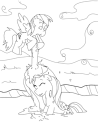 Size: 439x560 | Tagged: safe, artist:php162, fluttershy, rainbow dash, pony, g4, monochrome, mud, pouring, wet and messy