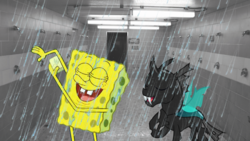 Size: 1600x900 | Tagged: safe, thorax, changeling, pony, g4, crossover, exhibitionism, eyes closed, faucet, irl, locker room, male, nudity, open mouth, photo, ponies in real life, scrubbing, shower, showering, singing, singing in the shower, soap, spongebob squarepants, spongebob squarepants (character), wat, water