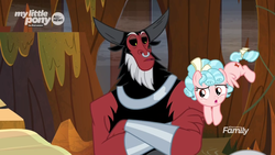 Size: 1366x768 | Tagged: safe, screencap, cozy glow, lord tirek, centaur, pegasus, pony, g4, the beginning of the end, bracer, cozy glow is not amused, discovery family logo, female, filly, horns, nose piercing, nose ring, piercing, septum piercing