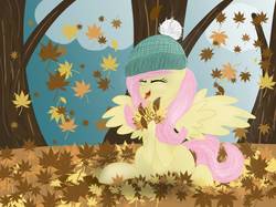 Size: 1200x899 | Tagged: safe, artist:moonscream7, fluttershy, pegasus, pony, g4, autumn, cloud, cute, eyes closed, female, hat, leaves, open mouth, shyabetes, sitting, solo, spread wings, tree, wings