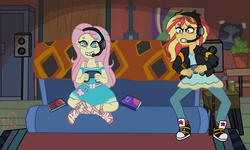 Size: 1500x900 | Tagged: safe, artist:snivyluv, fluttershy, sunset shimmer, equestria girls, g4, game stream, my little pony equestria girls: better together, beanbrows, blushing, controller, converse, couch, duo, eyebrows, female, headset, no pupils, scene interpretation, shoes, sitting, sneakers