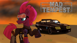 Size: 4592x2597 | Tagged: safe, artist:ejlightning007arts, tempest shadow, pony, g4, badass, car, crossover, female, ford falcon, goggles, gun, holster, interceptor, mad max, solo, wallpaper, wasteland, weapon