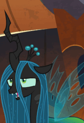 Size: 351x514 | Tagged: safe, screencap, queen chrysalis, changeling, changeling queen, g4, the beginning of the end, animated, cropped, female, invisible stallion, laughing, nervous, solo, sweat