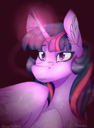 Size: 1010x1370 | Tagged: safe, artist:sm0lfluffyfox, twilight sparkle, alicorn, pony, g4, close-up, eye reflection, eyelashes, female, glowing horn, horn, lips, reflection, signature, simple background, solo, twilight sparkle (alicorn)