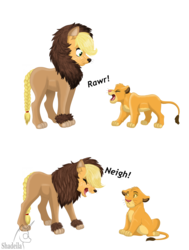 Size: 3504x4632 | Tagged: safe, artist:shadeila, applejack, big cat, lion, pony, g4, scare master, animal costume, applelion, clothes, comic, costume, crossover, cub, cute, dialogue, disney, duo, eyes closed, horse noises, jackabetes, neigh, nightmare night costume, open mouth, rawr, simba, the lion king, this will end in tears