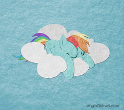 Size: 948x843 | Tagged: safe, artist:verygood91, rainbow dash, pegasus, pony, g4, blue background, cloud, cute, dashabetes, eyes closed, felt, female, mare, signature, simple background, sky, sleeping, solo