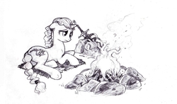 Size: 3312x1944 | Tagged: safe, artist:wisdom-thumbs, oc, oc only, oc:tilter gallant, pony, unicorn, black and white, campfire, cutie mark, female, fire, floppy ears, grayscale, hooves, horn, lying down, mare, monochrome, sad, simple background, solo, sword, traditional art, weapon, white background