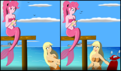 Size: 3831x2236 | Tagged: safe, artist:physicrodrigo, part of a set, applejack, pinkie pie, bird, mermaid, series:equestria mermaids, equestria girls, g4, 2 panel comic, battleship, belly button, boat, breasts, busty applejack, busty pinkie pie, cleavage, cloud, dragging, duo, duo female, female, frown, hatless, high res, looking at each other, loose hair, mermaidized, mexico, midriff, military, missing accessory, moped, navy, ocean, open mouth, paper, part of a series, pen, pier, ponytail, scooter, seashell bra, ship, sitting, smiling, species swap, story included, writing