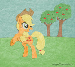 Size: 948x843 | Tagged: safe, artist:verygood91, applejack, earth pony, pony, g4, apple, apple tree, applejack's hat, cowboy hat, felt, female, food, grass, hat, hooves in air, hooves up, mare, open mouth, signature, sky, smiling, solo, tree, yeehaw