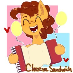 Size: 1280x1280 | Tagged: safe, artist:nocturne1113, cheese sandwich, earth pony, pony, g4, abstract background, accordion, balloon, cute, diacheeses, eyes closed, heart, male, musical instrument, open mouth, solo, stallion