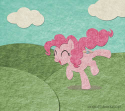 Size: 948x843 | Tagged: safe, artist:verygood91, pinkie pie, earth pony, pony, g4, cloud, cute, diapinkes, eyes closed, felt, female, grass, grass field, happy, mare, open mouth, signature, sky, smiling, solo